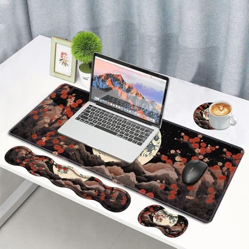 4 in 1 Ergonomic Memory Foam Mouse Pad Wrist Rest Set, Large XXL Gaming Desk Pad + Keyboard Wrist Rest + Mouse Wrist Cushion + Coaster for Home Office Study Gaming, Moon Peak Flowers - Image 7