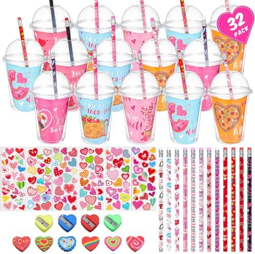Pasimy 32 Set Valentine's Day Stationery Gift Valentine Classroom Exchange Gifts Include Cups Cards Pencils Stickers Erasers Stampers Sharpeners for Boy and Girl Prize Party Favor(Food) by Pasimy