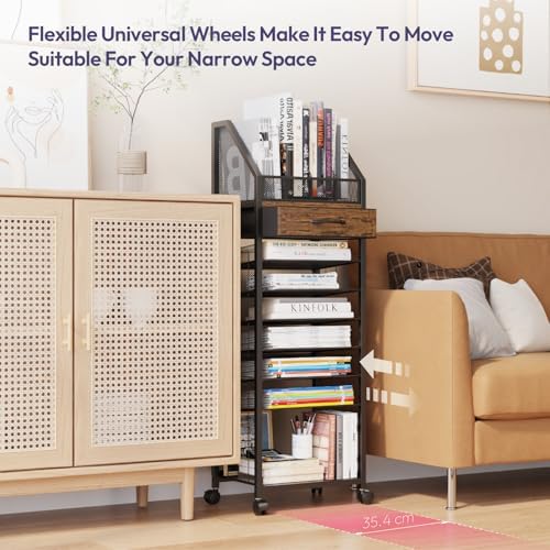 SWTYMIKI 9-Tier Rolling File Cart - Paper Organizer with Drawer and Trays, Wood Desk Office Organizer, Office Organization and Binder Storage for Workspace, Home, School, Espresso - Image 6