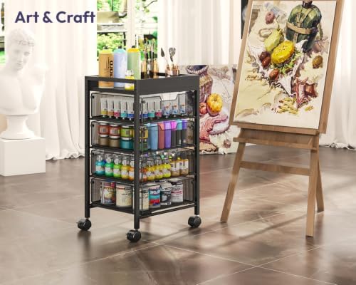 SWTYMIKI Rolling Cart with Drawers - Under Desk Storage Cart with Wheels, 4 Metal Drawers, Wood Top, Utility File Cart for Office Organization, Art, Craft, Classroom, Kitchen, Bedroom Black - Image 7