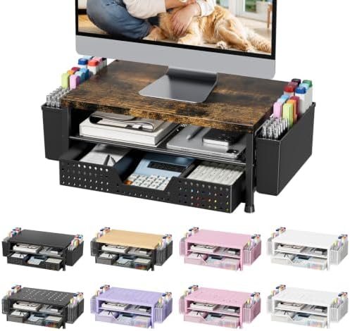 Monitor Stand Riser with Plastic Drawer and Two Pen Holders, Dark Wood Top by Unknown