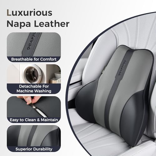 Coverado Lumbar Support Pillow for Car, Ergonomic Memory Foam Back Pillow for Office Chair, Back Cushion for Back Pain Relief, PU Leather Car Lumbar Support for Driving Seat - Black&Gray - Image 6