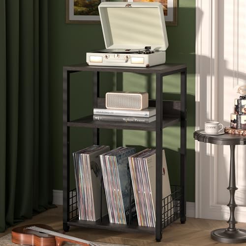 LELELINKY Large Rustic Grey Record Player Stand, 3 Tier 18" Wide Big End Table with Vinyl Storage Up to 130 Albums, Industrial Turntable Printer Tables, Modern Side Tables for Living Room, Office - Image 3