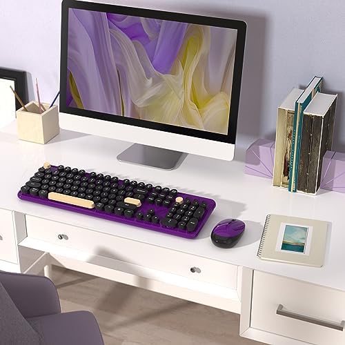 Retro Wireless Keyboard and Mouse Combo with Wrist Rest (Violet) - Image 2