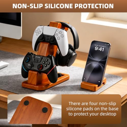 DEQIANG Solid Wood Headphone Stand with Dual Controller Holder (Set) - Image 6
