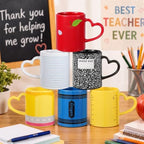 Pickmesh Back to School Teacher Gifts Mug Set of 6, 10 oz Ceramic Coffee Cups with Heart Handles, Pencil Crayon Ruler Notebook Apple Prints, Teacher Appreciation Gifts Bulk, Classroom Decor by Pickmesh
