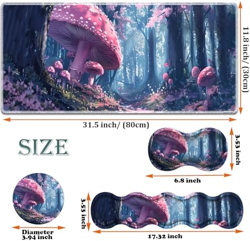 Large Gaming Mouse Pad + Keyboard Wrist Rest + Wrist Support + Coaster Set, Memory Foam Ergonomic for Easy Typing, XXL Extended Gaming Mouse Pad Table Pad - Mushroom Forest - Image 6