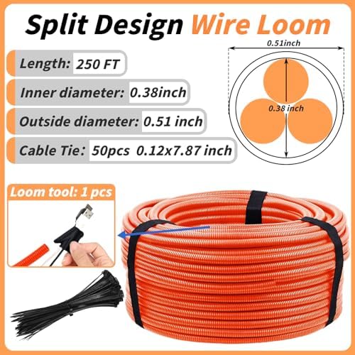 Oleitodh 250 ft 1/2 in OD Orange Split Wire Loom Tubing, with Ties & Tool - Image 2