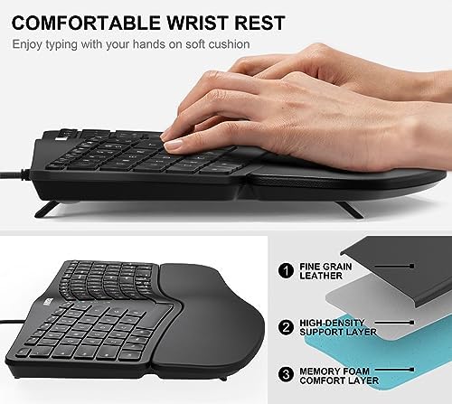 Arteck Split Ergonomic Keyboard with Palm Rest, USB Wired Backlit Keyboard - Image 3