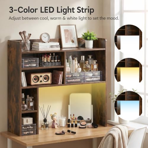 OFCASA Desktop Bookshelf with LED Lights, Countertop Storage Hutch with 7 Shelves for Computer Desk, 35.4'' 3-Tier Display Rack, Wooden Desk Hutch Storage Organizer for Home Office Dorm, Brown - Image 4