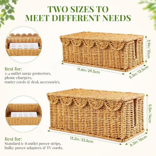 2 PCS Handwoven Cable Management Box Cord Organizer Box Set with 2 Exits - Image 2