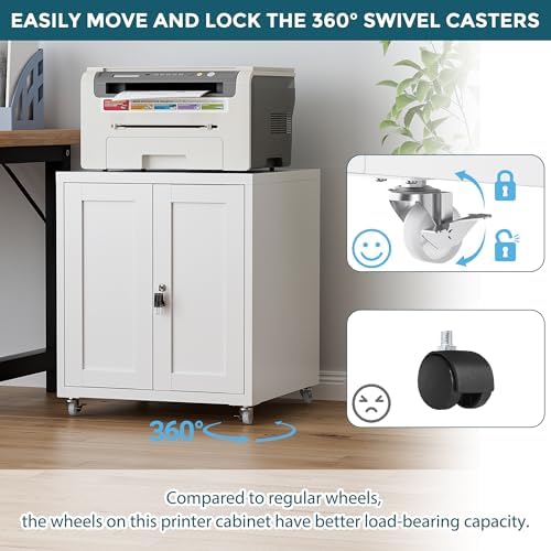 Large Printer Stand with Storage and Lock, 3D Heavy-Duty Printer Cabinet, Printer Table for Home Office with Doors and Adjustable Shelves, for Office Copier and Fax Machine, White - Image 5