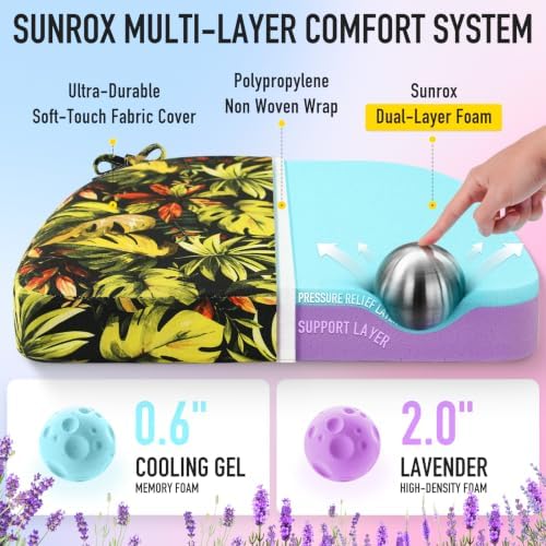 SUNROX Cooling Gel Memory Foam Chair Cushions, 2.6" Thick U-Shaped Dual-Layer Comfort Dining Chair Pads, Non Slip Seat Cushion with Ties for Indoor Kitchen Office 17"x16" Set of 8, Black Monstera - Image 2