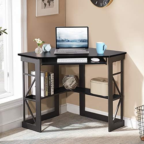 VECELO Corner Computer Desk 41 x 30 inches with Smooth Keyboard & Storage Shelves for Home Office Workstation, Black - Image 2
