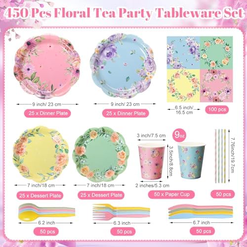 450 Pcs Tableware Set, Serve 50, Pastel, Floral Floral Party - Image 2