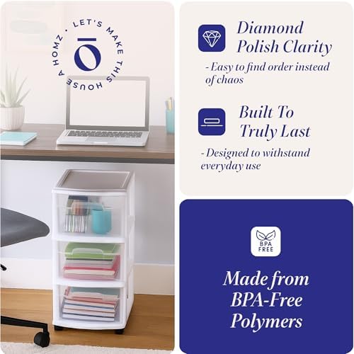 HOMZ Drawer Tower, 3-Tier Storage Cart with Removable Wheels, White Frame - Image 5
