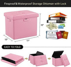 DocSafe Storage Ottoman Foot Rest Stool with Lock ＆ Handles, Fireproof Folding Leather Footstool Bench with Storage Safe for Living Room Bedroom, Home Office, Dorm, 17x13x13in, Pink - Image 3