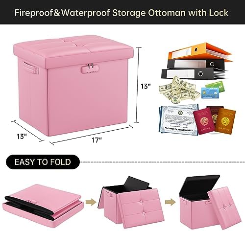 DocSafe Storage Ottoman Foot Rest Stool with Lock ＆ Handles, Fireproof Folding Leather Footstool Bench with Storage Safe for Living Room Bedroom, Home Office, Dorm, 17x13x13in, Pink - Image 3