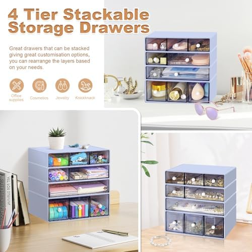 Desk Organizer with 9 Drawers, 4 Tier Plastic Stackable Storage Drawers for Desk Storage, Office Stationary Makeup Organizer Suit for Home, Office and School - Image 6