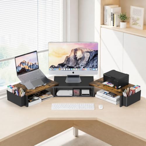 AUPSEN Dual Monitor Stand Riser with 2 Pen Holders, Desk Organizer, Brown - Image 2