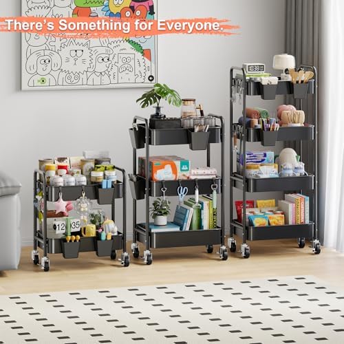 2 Tier Small Rolling Cart Metal with Wheels, Black Under Desk Storage Carts - Image 6