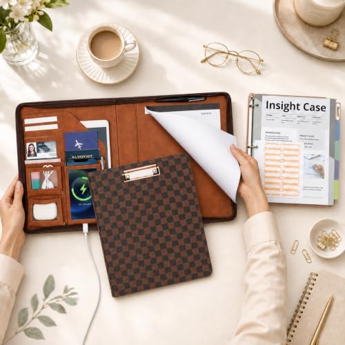 Clipboard with Storage for Men Women, Leather Padfolio Portfolio with Zipper, 1 Inch 3 Ring Binder 5 Dividers, Notepad for Letter Size, Elastic Closure and Pen Loop, Card Slot，Brown - Image 2