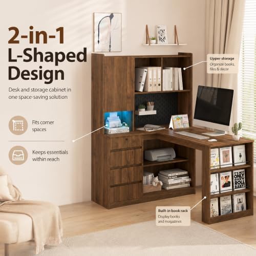 51.6" L Shaped Home Office Desk with Drawers and Storage, Walnut - Image 3