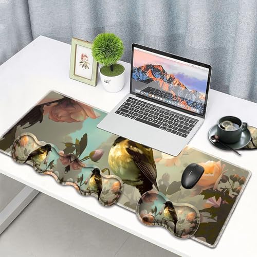 Large Gaming Mouse Pad, Keyboard Wrist Rest Pad + Mouse Wrist Pad + Coaster 4 in 1 Set, Extended Waterproof Non-Slip Desk Mat, Suitable for Office Home Learning Games, Cute Bird - Image 2