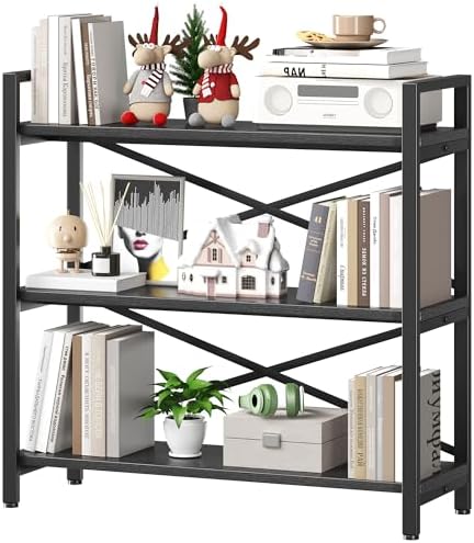 Homeiju 3 Tier Bookshelf 31.49" Width, Wood and Metal Etagere Bookcase, Vintage Farmhouse Modern Wooden Big Book Shelf for Home Living Room Bedroom Office Storage(Black) by Homeiju