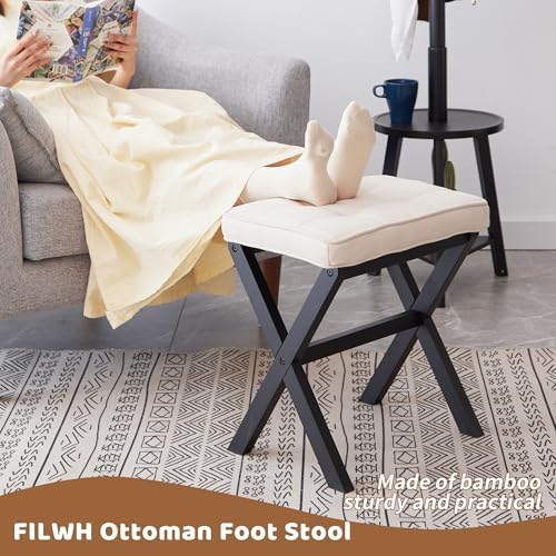 Foot Stool Small Ottoman Foot Rest Padded Foot Stool Desk for Under Office Desk Vanity Stool Bamboo Footstool Sofa Footrest Shoe Stool Small (Black Legs + Beige) - Image 4