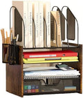 Wood Desk Organizer - 4-Tier Desktop File Organizer with Drawer, Wooden Paper Tray, Vertical File Holders & 2 Pencil Holders - Office Desk Organizer for Papers, Mail, Notebooks, Stationery by BOERSHUN