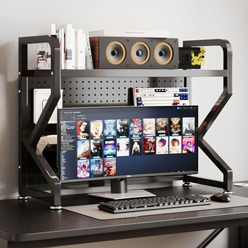 Desktop Hutch Bookshelf,Metal Desktop Bookcase with Pegboard, Desk Shelf,Countertop Storage Organizer Rack for Dorm Or Office,Vanity,Bedroom,Bathroom(Black,45in/115cm) by ZMNXAS