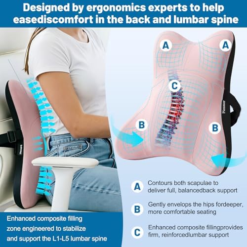 Lumbar Support Pillow, Memory Foam Back Cushion for Car & Office Chair - Pink - Image 3