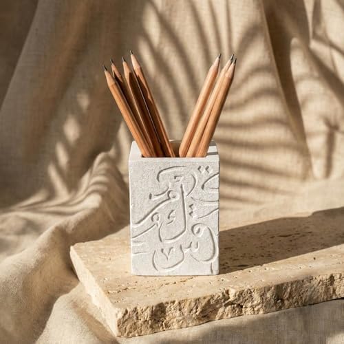 Stone Cast Arabic Calligraphy Pen Organizer - Artistic Mixed Letter Design Pencil Cup Holder - 3.5 x 3.5 x 4.7 inches Desktop Stationery Cup - Unique Decorative Office Decor for Home & Studio - Image 5