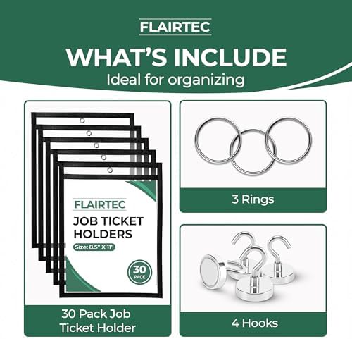 Job Ticket Holders 10x14 - (30 Pack) 8.5x11 Letter Size | Reusable Dry Erase Pockets Black with Metal Rings & Hooks | Durable Clear Shop Sleeves for Work Order | Perfect for Classrooms - Image 2