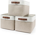 Bagnizer Storage Bins Large Fabric Storage Baskets for Shelves 3 Pack, Decorative Linen Closet Baskets with Handles for Organizing, Shelf, Clothes, Home, Office, 15x11x9.5Inches (Beige&White) by Bagnizer