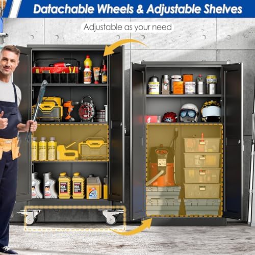 GAIOUS Metal Garage Storage Cabinet with Lock, 61” Tall Lockable File Cabinet with Wheels, Steel Tool Cabinet with 2 Door and 3 Adjustable Shelves, Rolling Cabinet for Home Office Garage Gym - Black - Image 3