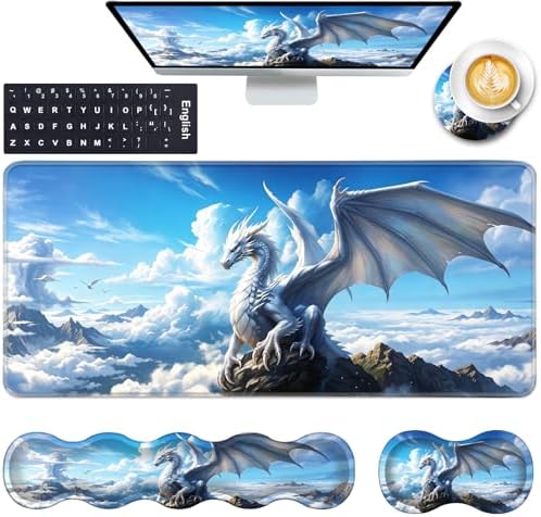 Keyboard Wrist Rest and Mouse Pad with Wrist Support Set Ergonomic Coaster,Memory Foam,Easy Typing Pain Relief,Large XL Desk Mat 31.5"x 11.8",White Dragon Cloud by CICPLKSE