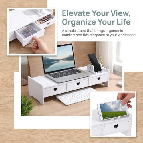 Computer Monitor Riser with Drawer Keyboard Storage Rack for Desk Organization Desk Shelf Organizer for Laptop 19.29 X 7.48 X 3.93 in White Wood-Composite - Image 5