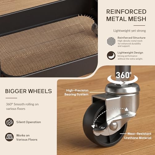 DTK 3 Tier Rolling Cart with Wheels, Heavy Duty Metal Utility Cart, Mobile Storage Organizer with Lockable Casters, Multi-Purpose Rolling Cart for Nursery, Bathroom, Kitchen, Office, Classroom - Image 6