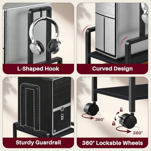 Adjustable 2-Tier PC Stand, Computer Tower Stand with 360° Locking Wheels & Hooks, CPU Cart for Floor, Carpet and Under Desk, 15.2" x 11.8" x 26", Black - Image 6