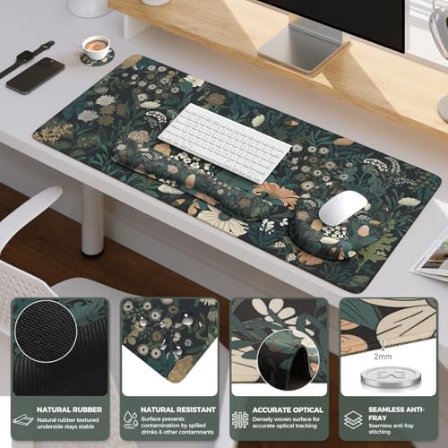 iCasso Desk Cover Mat, 4in1 Floral Large Mouse Pad with Wrist Rest - Image 4