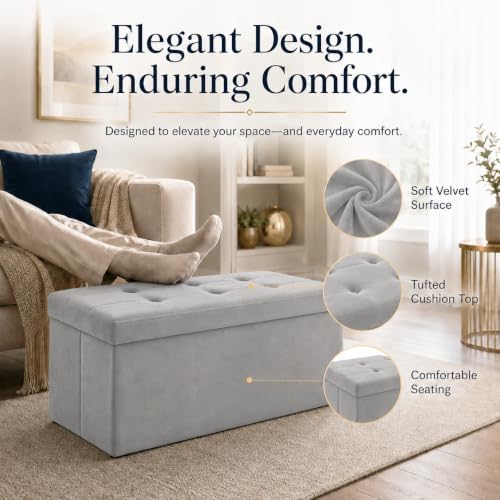 ALASDO 30 Inch Folding Storage Ottoman Bench with Hidden Storage, Velvet Storage Ottoman Foot Rest Stool, End of Bed Bench for Bedroom, Living Room, Entryway and Closet, Dark Gray - Image 2