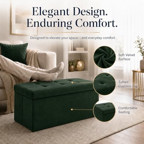 ALASDO 30 Inch Folding Storage Ottoman Bench with Hidden Storage, Velvet Storage Ottoman Foot Rest Stool, End of Bed Bench for Bedroom, Living Room, Entryway and Closet, Dark Green - Image 2