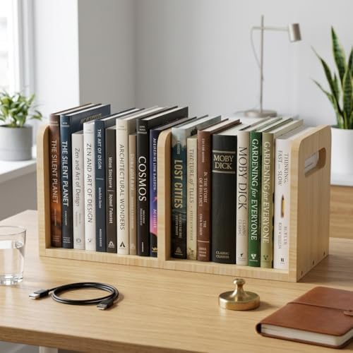 100% Solid Wood Adjustable Desktop Bookshelf With Movable Divider, Retro Tabletop Bookshelf With Convenient Handle Design for Living Room, Home, Office, Perfect for Magazine Book (Natural Wood Color) - Image 2