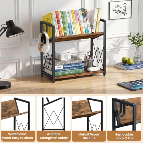 Desk Shelf Organizer, 2 Tier Desktop Bookshelf, Wooden Tabletop Bookshelf - Image 4