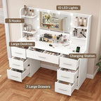 FIONESO Vanity Desk with LED Light Mirror & Power Outlet, 3 Adjustable Light Color, Makeup Vanity with 7 Drawers, 4 Shelves, 5 Jewel Hooks, White Vanity for Bedroom, Girls Vanity - Image 3