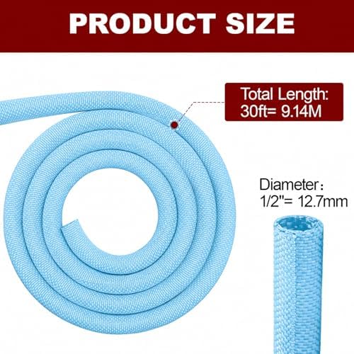 Automotive Wire Loom High Temperature Braided Wire Loom, Split-Sleeve Heat Resistant Wiring Loom Cord Cover for Harness Wires, Self-Wrapping Heavy Duty Cable Management Sky Blue (1/2"-30Feet) - Image 4
