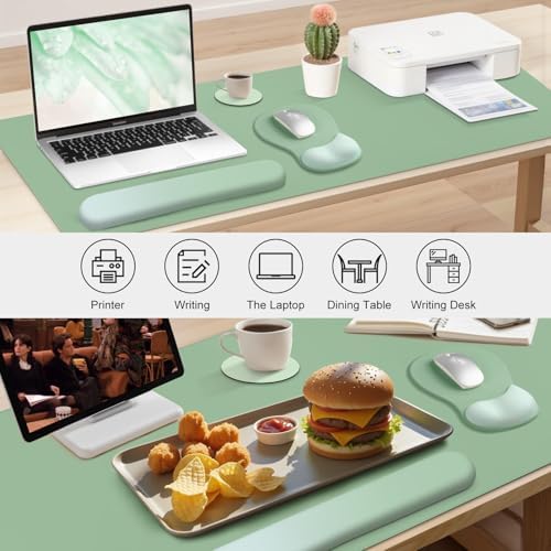 4-in-1 Large Gaming Mouse Pad, Keyboard Wrist Rest Pad & Wrist Support Mousepad Set, Extended Desk Pad Waterproof Desk Mat Protector for Home Office Decor Study Game 35.4×15.7 Inches I Sage Green - Image 2