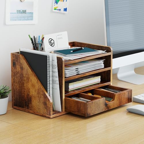 Wood Desk File Organizer with Side File Rack, Space-Efficient Design Easy to Assemble for Efficient Office Setup, Reduces Desk Clutter (Brown) - Image 6